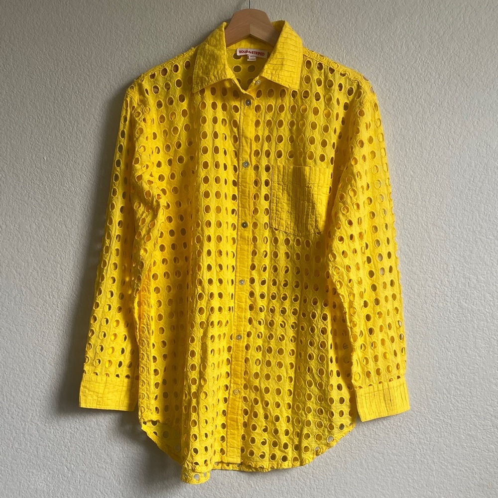 Solid & Striped Oxford Eyelet Tunic Coverup Mini Dress Long Sleeve Citron XS - Picture 7 of 15